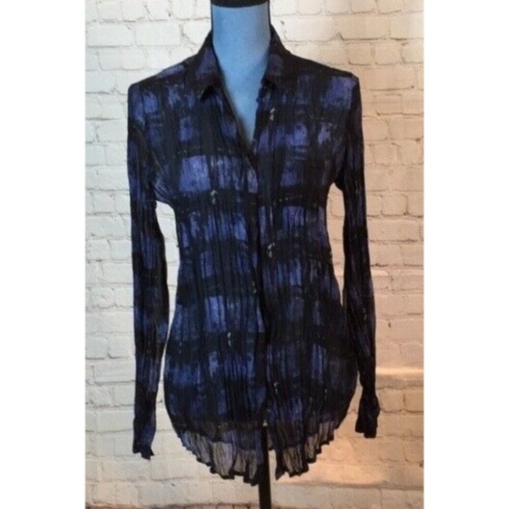 Rock & Republic Sheer Button-Up Blouse Black & Blue Small